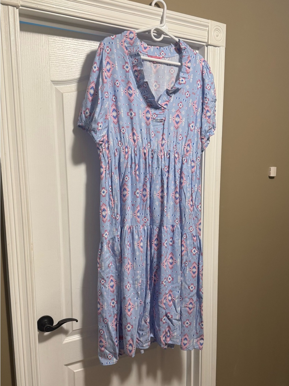 Simply Southern Pastel Blue Printed Tiered Midi Dress with Pink Accents